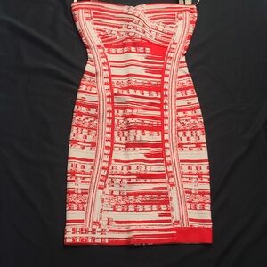 Herve Leger Red and Cream Strapless Dress